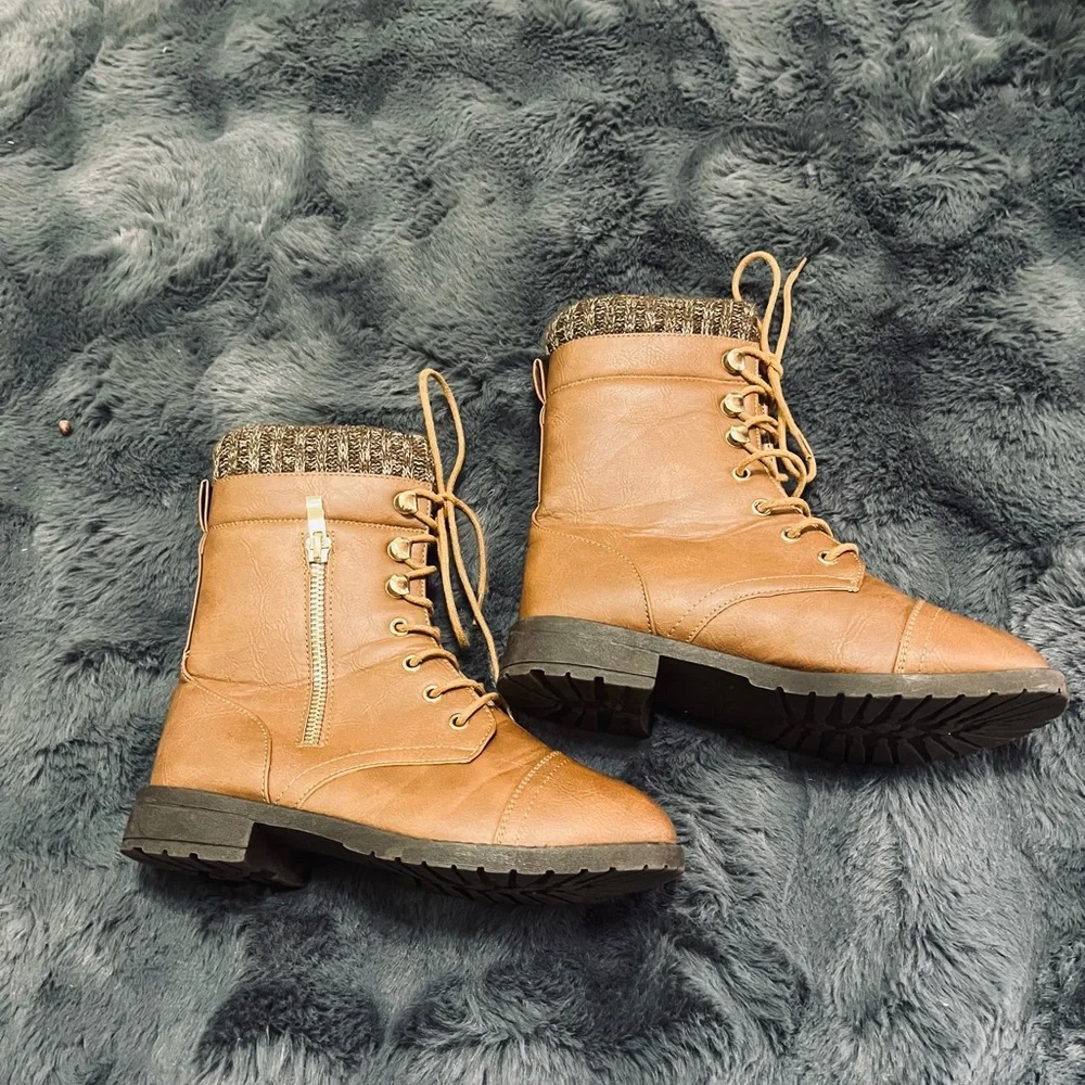 Lucky Top Tan Lace-Up Boots with Knit Cuff